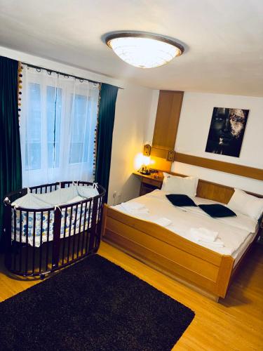 a bedroom with a large bed and a window at Villa Bran Legend in Bran