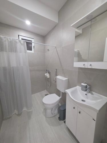 a white bathroom with a toilet and a sink at Apartments Lati in Ulcinj
