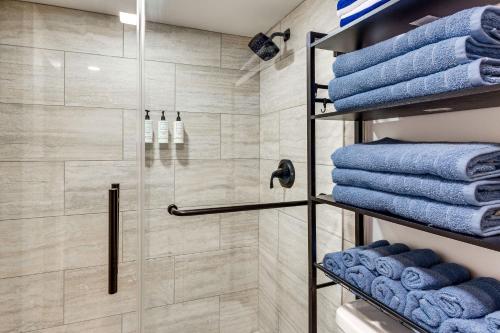 a bathroom with a shower with blue towels at Dolphin & Manatee Cove Condo: Beach Access + More! in Gulf City