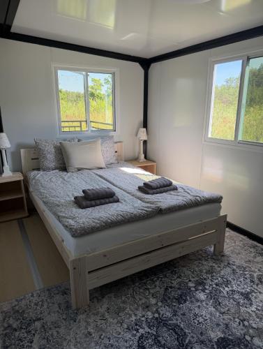 a bedroom with a bed with two pillows on it at Peppa Puhkemaja in Vahtrepa
