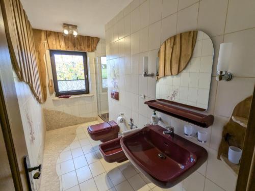 a bathroom with a red sink and two toilets at Haus Am Mühlenberg in Löhlbach