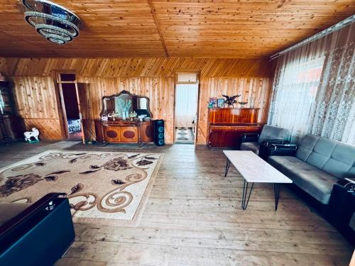 a living room with a couch and a table at Mamuka's Villa in Tsqaltsminda
