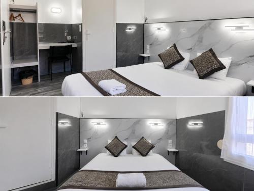 two pictures of a hotel room with two beds at Fasthotel Tours Nord in Parçay-Meslay