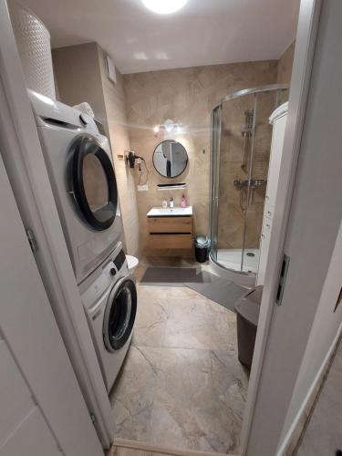 a bathroom with a washing machine and a shower at Baza Ślęża , Nowoczesny Apartament w sercu Sobótki in Sobótka