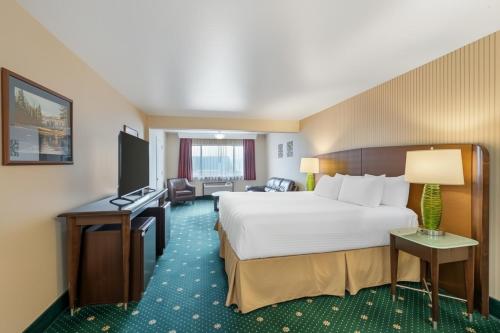 a hotel room with a large bed and a television at Knights Inn Pilot Mountain in Pilot Mountain