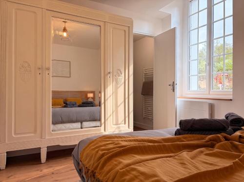 a bedroom with a bed and a large mirror at Le Clos des Douves - Jardin privatif - Ingrandes in Ingrandes