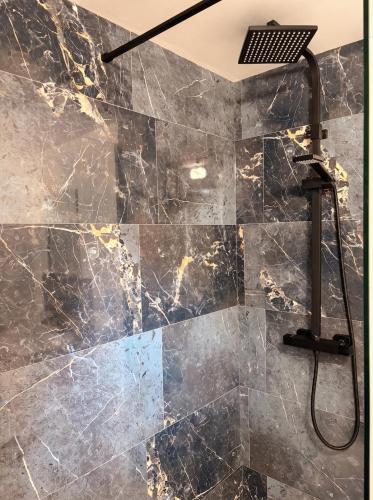 a shower with a black marble wall at Le Clos des Douves - Jardin privatif - Ingrandes in Ingrandes