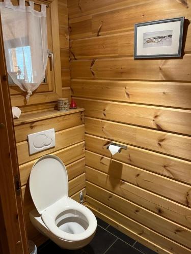 a small bathroom with a toilet and wooden walls at Chalet airelles in Saint-Pierre