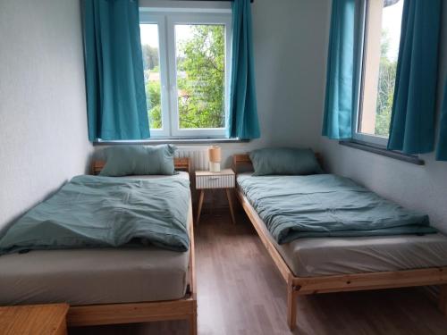 two beds in a room with two windows at Horstis Fewo Apartment Reni in Frankenhain