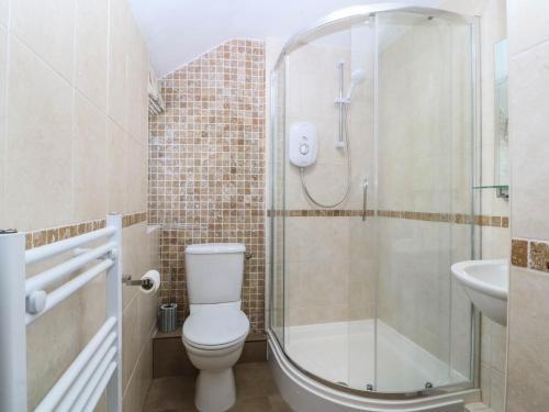 a bathroom with a shower and a toilet and a sink at 4 Bryn Llan in Pwllheli