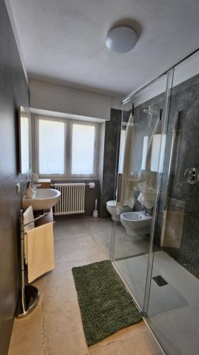 a bathroom with a glass shower and a sink at Drago 48 in Oltre il Colle