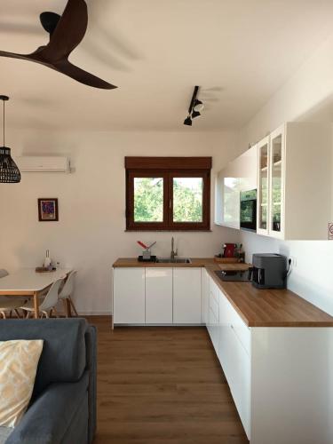 a kitchen with white cabinets and a ceiling fan at Sutla House in Senkovec