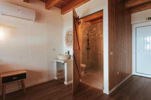 a bathroom with a walk in shower and a toilet at Casinhas de Santo António in Alter do Chão