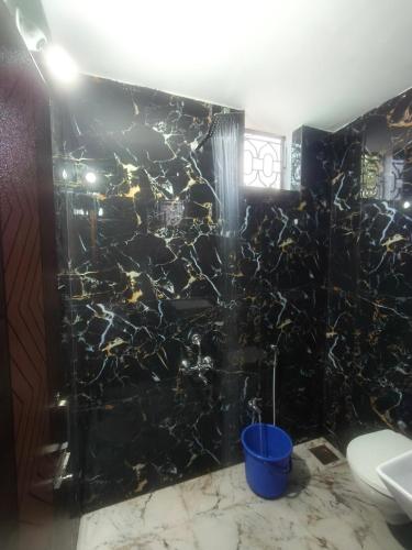 a black tiled bathroom with a shower and a toilet at Farmview Guest House Netravali in Netorlim
