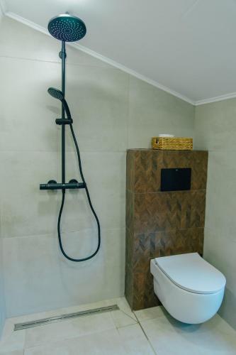 a bathroom with a shower and a toilet in it at Villa ARTÉ in Shabla