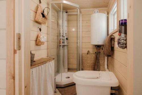 a small bathroom with a toilet and a shower at Cozy forest cabin with wood-fired sauna in Naantali