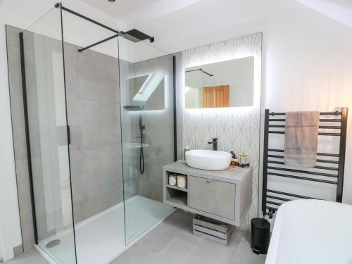 a bathroom with a sink and a glass shower at Balcarry Barn in Newton Stewart