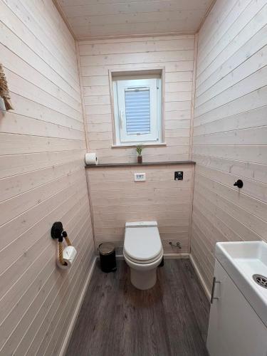 a small bathroom with a toilet and a sink at Knobis DreamPlace in Heiligenhafen