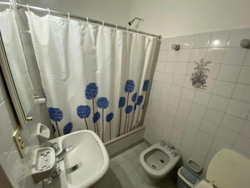 a bathroom with a sink and a toilet and a shower curtain at Apart Hotel RioSol in Concepción del Uruguay