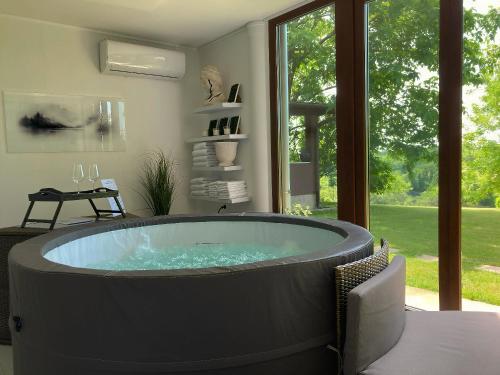 a hot tub in a room with a large window at Empyrean House in Dišnik
