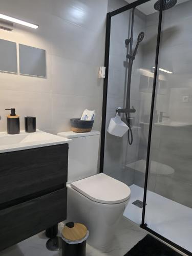 a bathroom with a toilet and a glass shower at Casa da Lota in Vieira de Leiria