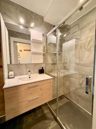 a bathroom with a sink and a shower at Studio neuf parking proche centre-ville in Chambéry