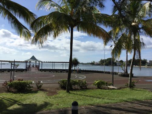 a basketball court next to the water with palm trees at Orient Guesthouse Auberge in Mahébourg