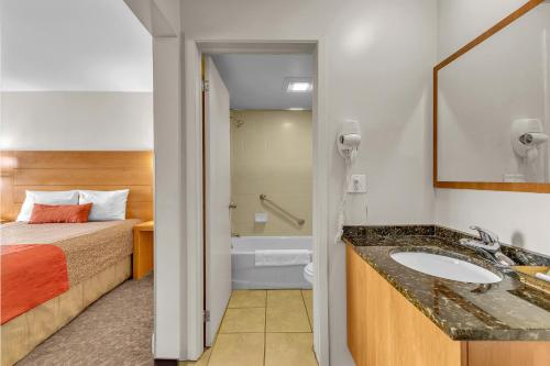 a bathroom with a bed and a sink and a tub at Motel Adam in Gatineau