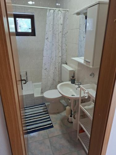 a bathroom with a sink and a toilet and a shower at Apartments I-P in Malinska