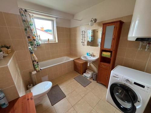 a bathroom with a washing machine and a sink at Apartmán Deštná čp.1 in Deštné v Orlických horách