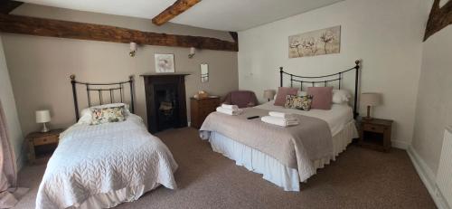 a bedroom with two beds and a fireplace in it at The Poppy House in Bishops Castle
