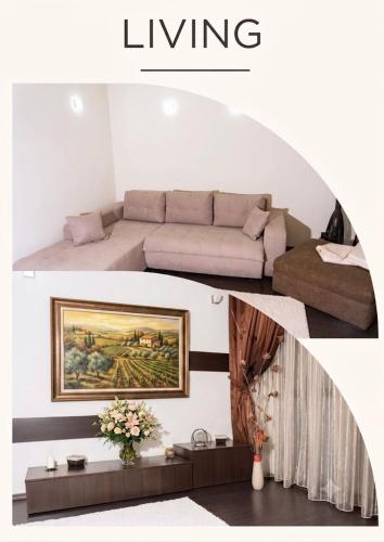 two pictures of a living room with a couch at Casa M&R in Bucharest
