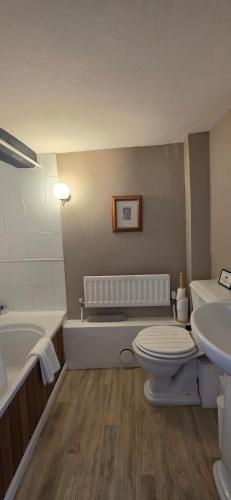 a bathroom with a toilet and a tub and a sink at The Poppy House in Bishops Castle