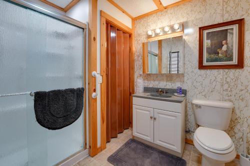 a bathroom with a toilet and a sink and a shower at Private Dock & Deck: Tranquil Dam Pond Cottage! in Augusta