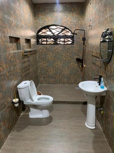 a bathroom with a toilet and a sink at Miky Hillside Lodge in Sunyani