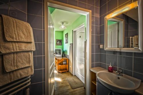 a bathroom with a sink and a mirror at Pensjonat Szczebel in Mszana Dolna