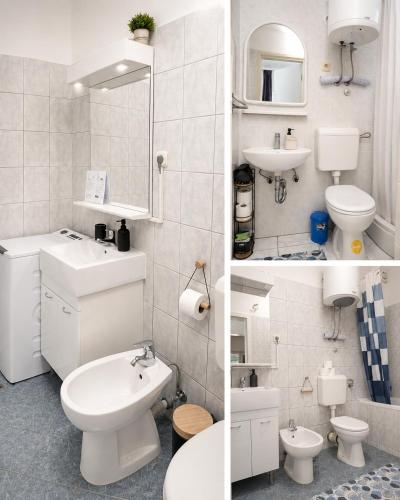 two pictures of a bathroom with a sink and a toilet at Manda Gradac in Gradac