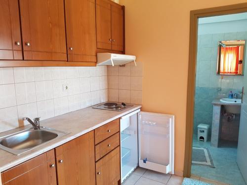 a kitchen with wooden cabinets and a sink and a dishwasher at Bayside Apartments in Vasiliki