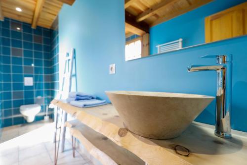 a bathroom with a sink and a blue wall at Location Le Penan in Léon