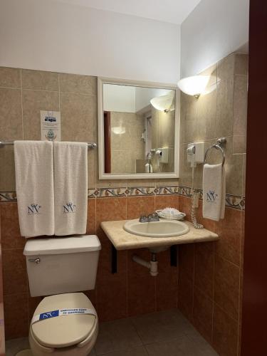 a bathroom with a toilet and a sink and a mirror at Hotel NV in Guadalajara