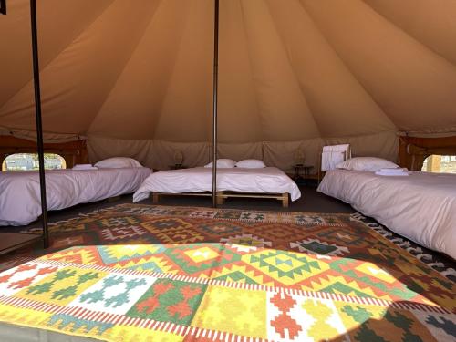 a room with two beds and a rug in a tent at Parque De Campismo Orbitur Sao Pedro De Moel in São Pedro de Moel