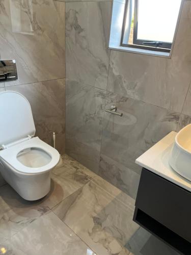 a bathroom with a white toilet and a sink at Lungi and Rendzo Guesthouse in Alberton