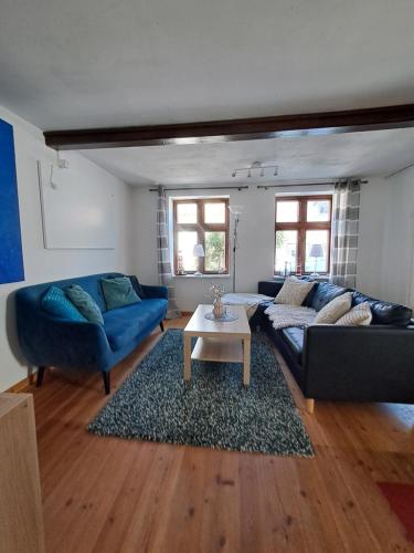 a living room with a blue couch and a table at Fischerstern in Maasholm