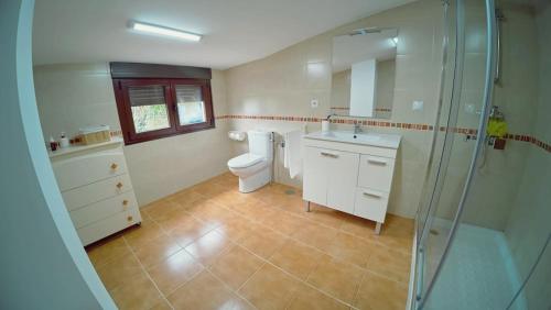 a bathroom with a toilet and a sink and a shower at A Casa de Moire in Arnois