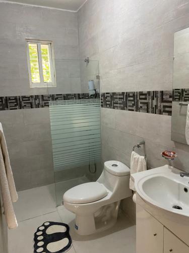 a bathroom with a toilet and a sink at top apartments in Santo Domingo