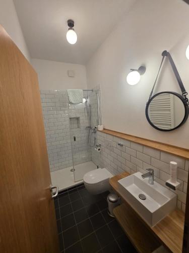 a bathroom with a sink and a toilet and a mirror at Zum Schlosswirt in Fürsteneck
