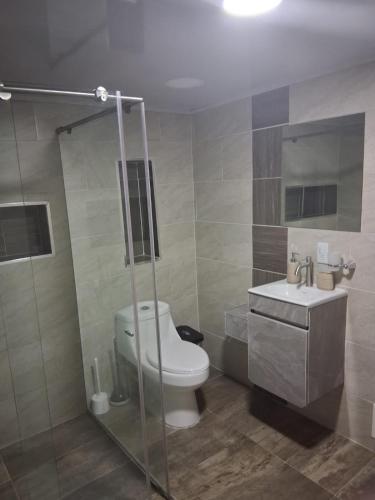 a bathroom with a toilet and a sink at Apartaestudio en Cali in Cali