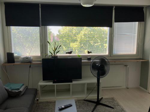 a living room with a flat screen tv in front of a window at Yksiö Koulukadulla - autopaikka - Wi-Fi in Seinäjoki