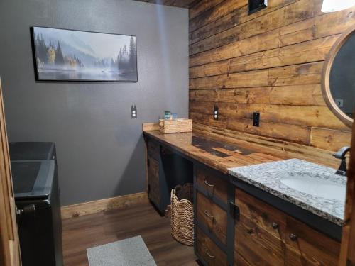 a bathroom with a sink and a wooden wall at Dakota Lodge in Dickinson