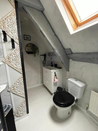 a bathroom with a toilet with a black lid at Gîte Ker Corsica in Retiers